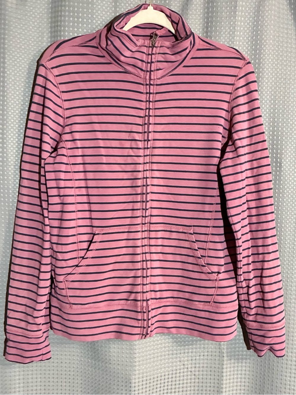 LL Bean Womans Pink Striped Zip-Up Jacket Sz M Reg Zip Pockets Fitness Gorpcore